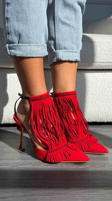 Red Fiki Red Suede Fringe Pumps 38