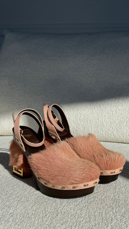 Pink Pony Hair High Heeled Clogs 37