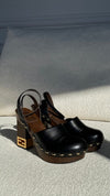 Black Leather Platform Heeled Clogs with GHW 38