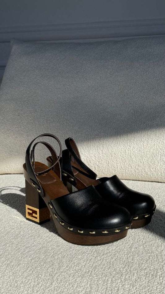Black Leather Platform Heeled Clogs with GHW 38