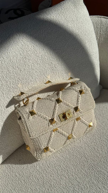 Large Ivory Roman Stud Knit Shoulder Bag
