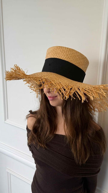 Raffia Straw Boater Hat With Grossgrain Ribbon