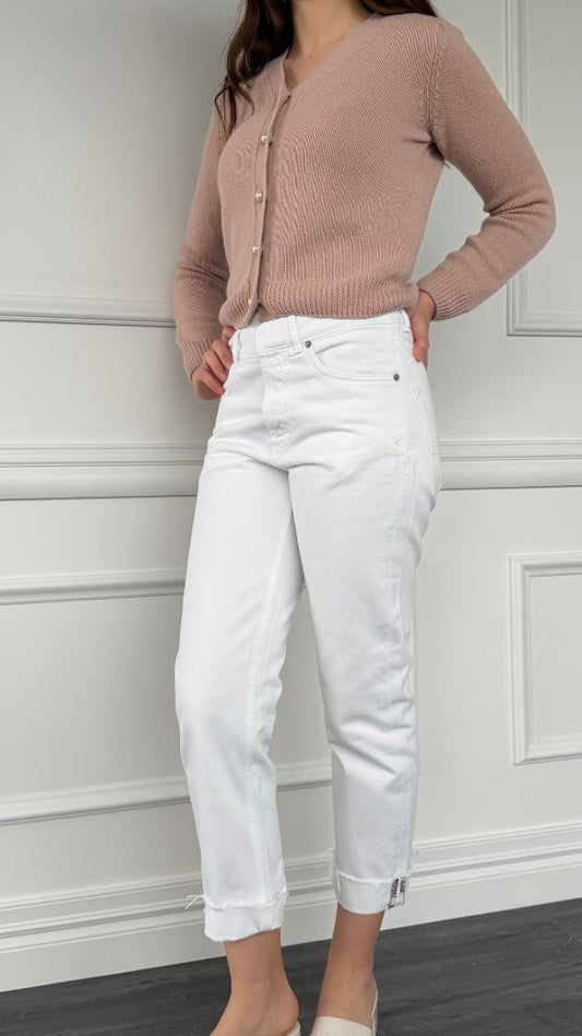 White Cuffed Boyfriend Jeans 32
