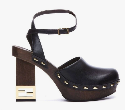 Black Leather Platform Heeled Clogs with GHW 38