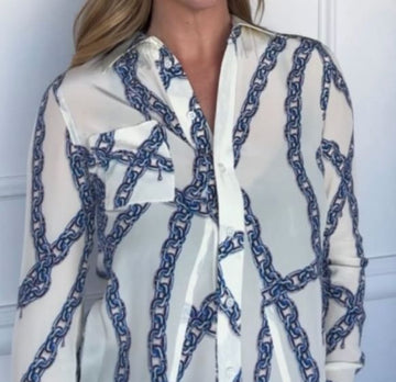 Ivory/Blue/Purple/Multi Silk Chain-Link Pattern Shirt