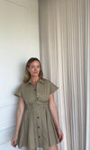 Dark Beige Gabardine Short Sleeved Belted Shirtdress