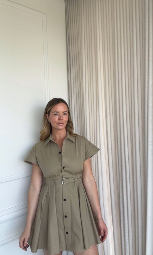 Dark Beige Gabardine Short Sleeved Belted Shirtdress