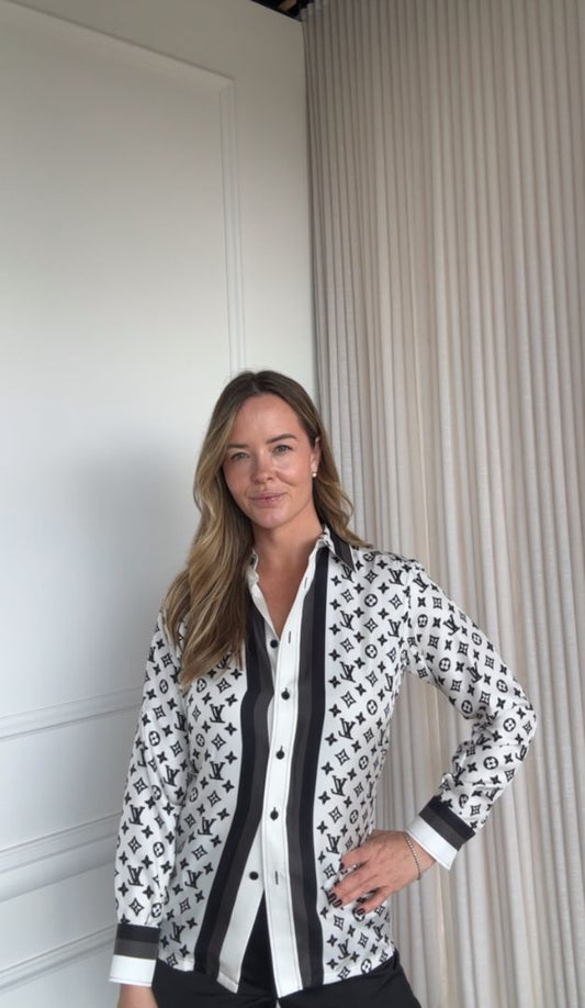 Black & White Silk Monogram Blouse