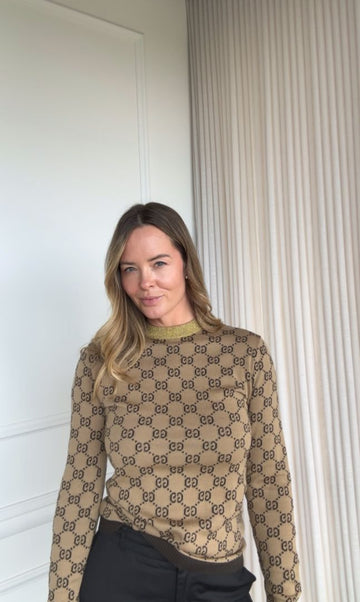 Beige & Brown GG Jacquard Wool Sweater
