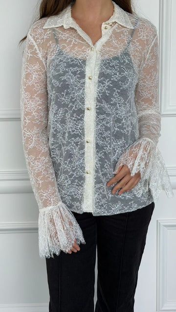 Cream Lace Blouse With Pearl Embellishments
