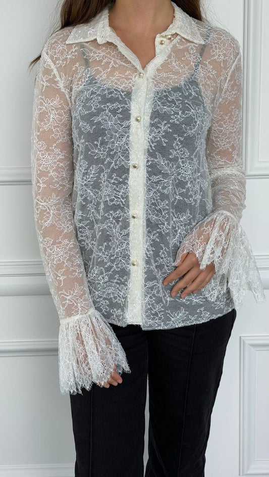 Cream Lace Blouse With Pearl Embellishments