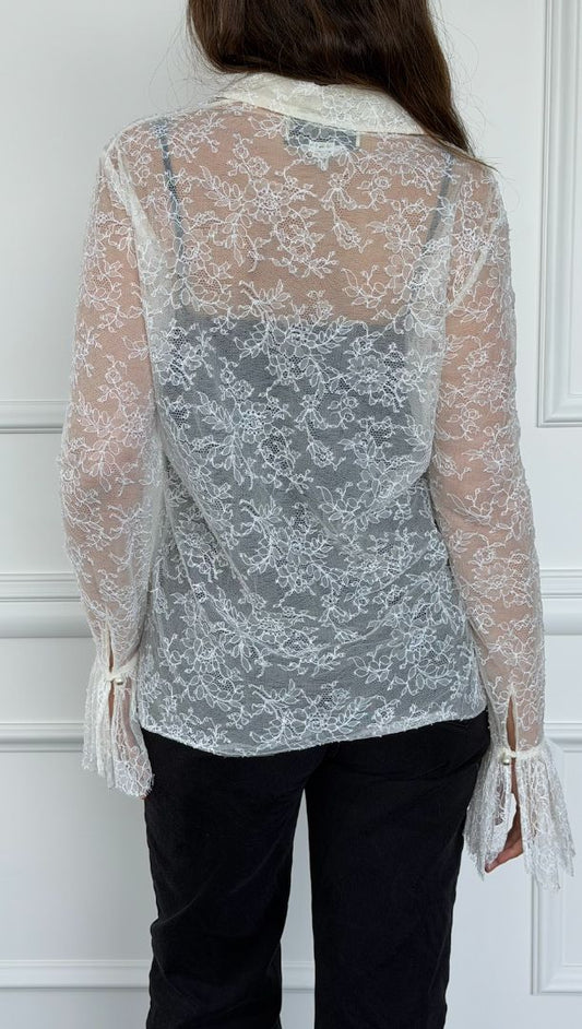 Cream Lace Blouse With Pearl Embellishments