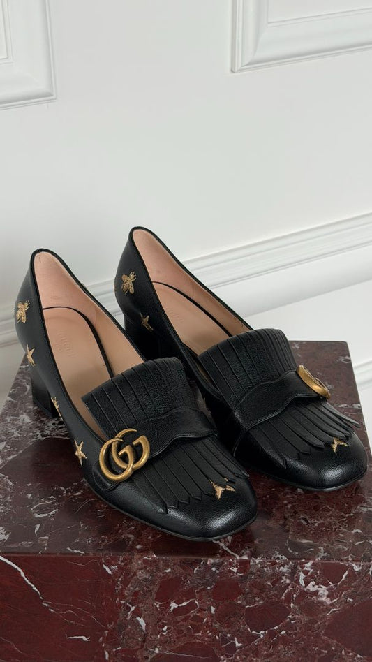 Black & Gold GG Marmont Fringe Pumps With Bee Embroidery