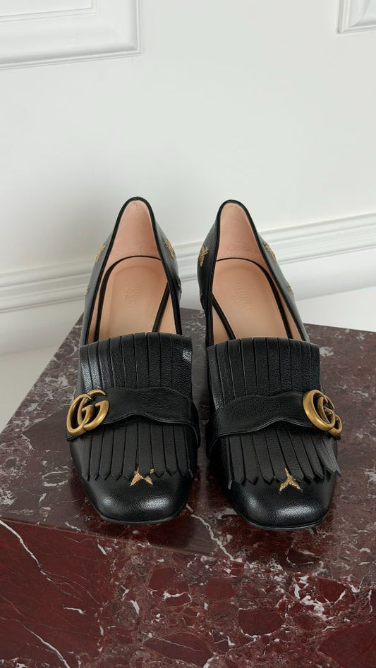 Black & Gold GG Marmont Fringe Pumps With Bee Embroidery