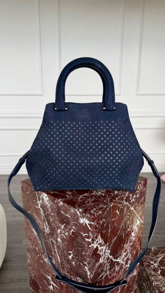 Navy Geometric Embossed Handbag