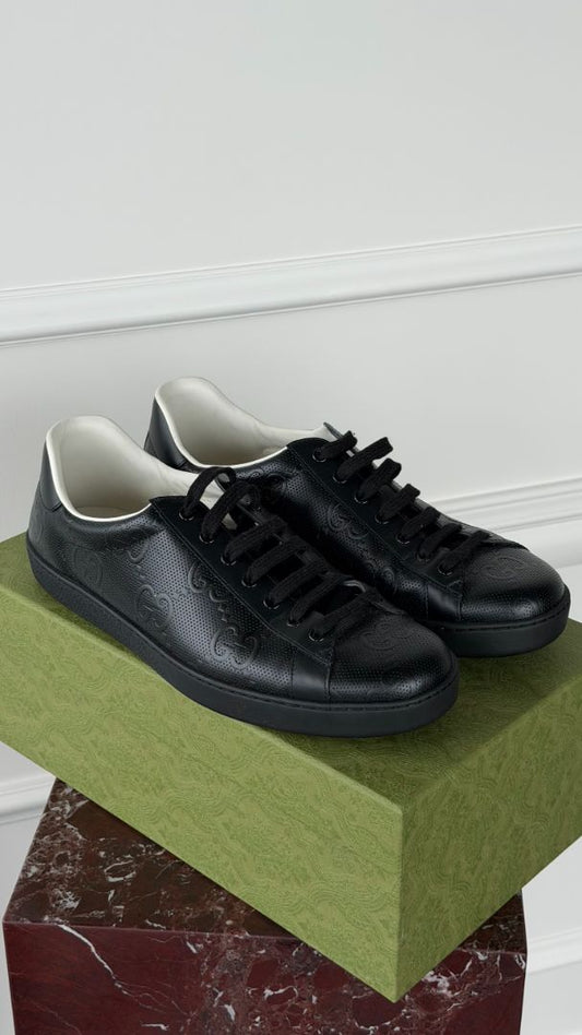 Black Mens Ace GG Embossed Leather Sneakers