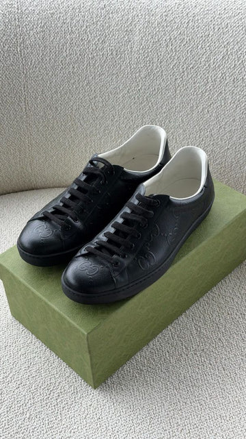 Black Mens Ace GG Embossed Leather Sneakers