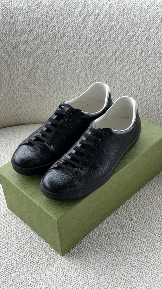Black Mens Ace GG Embossed Leather Sneakers
