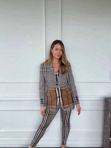 Black & Brown Plaid Basque Tailored Jacket, Waist Coat and Pant Set